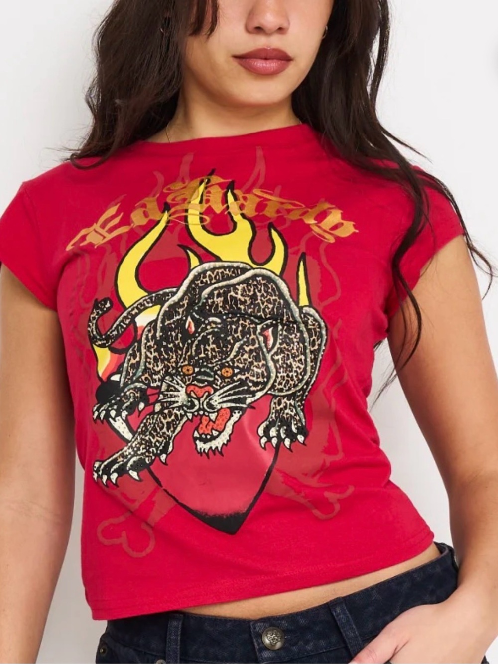 Ed Hardy Red Tee with Leopard and Flame Graphic